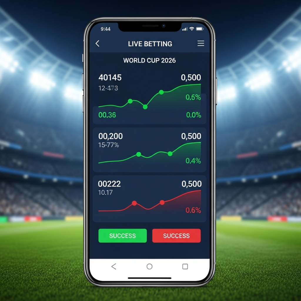 A smartphone showing a World Cup 2026 live betting interface against a backdrop of a Malaysian football stadium.