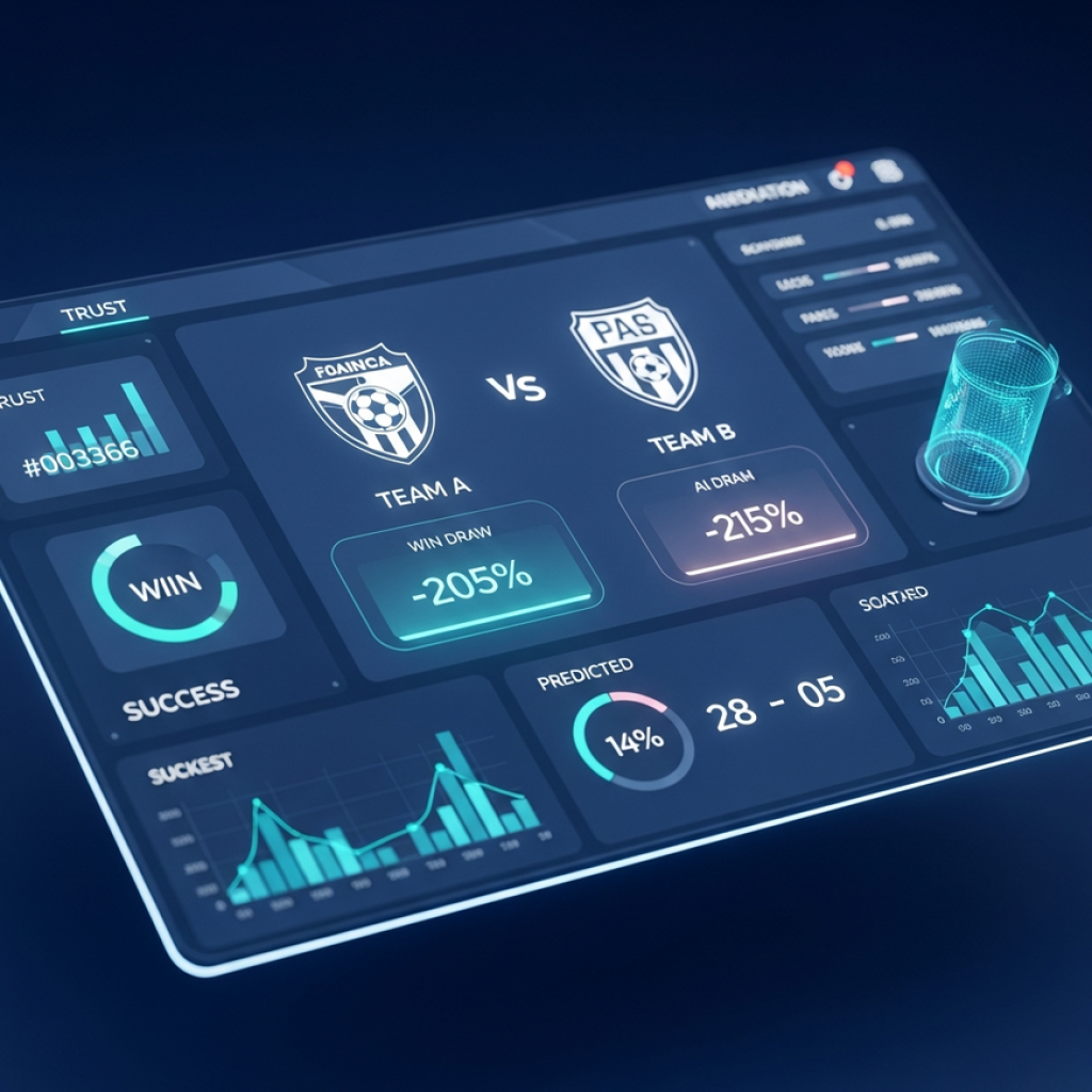 A futuristic sports prediction AI interface displaying football match probabilities and data analysis charts on a clean dashboard.